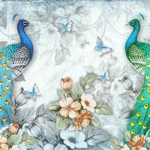 Zarif Tavus Kuşu Floral Desenli Duvar Kağıdı ADK2267 Gri floral arka plan üzerinde, ihtişamlı tüylere sahip iki zarif tavus kuşu figürü barındıran lüks duvar kağıdı tasarımı.