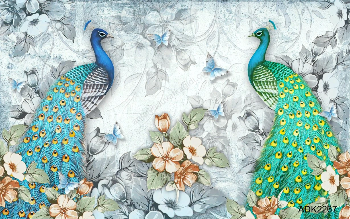 Zarif Tavus Kuşu Floral Desenli Duvar Kağıdı ADK2267 Gri floral arka plan üzerinde, ihtişamlı tüylere sahip iki zarif tavus kuşu figürü barındıran lüks duvar kağıdı tasarımı.