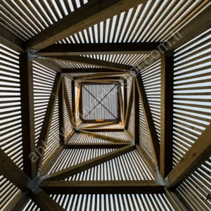 Ahşap Geometrik Derinlik 3D Duvar Kağıdı Ahşap çıtalardan oluşan sarmal ve geometrik tünel mimarisine sahip modern 3D duvar kağıdı tasarımı.