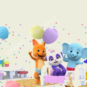 Balonlar ve konfetiler eşliğinde eğlenen sevimli bebek hayvanlar (fil, panda, leopar, kanguru) desenli çocuk odası duvar kağıdı.