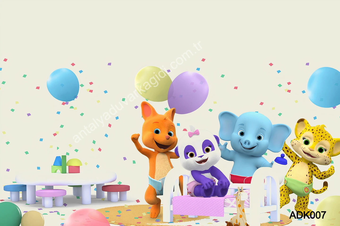 Sevimli Hayvanlar ve Balonlar Poster Bebek Odası Duvar Kağıdı Balonlar ve konfetiler eşliğinde eğlenen sevimli bebek hayvanlar (fil, panda, leopar, kanguru) desenli çocuk odası duvar kağıdı.