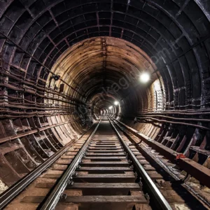 Endüstriyel Metro Tüneli 3D Duvar Kağıdı ADKF1263 Karanlık ve endüstriyel atmosfere sahip, tren raylarıyla derinlik hissi veren metro tüneli perspektifli 3D duvar kağıdı.