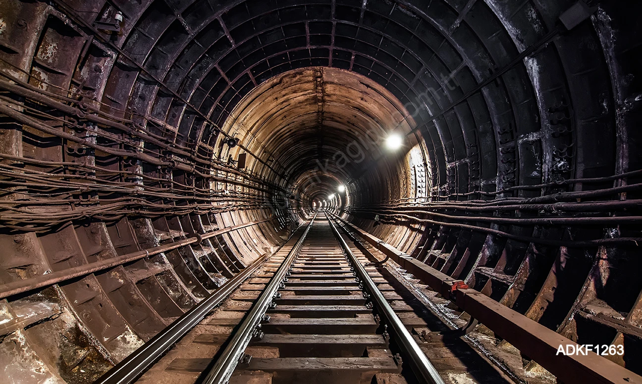 Endüstriyel Metro Tüneli 3D Duvar Kağıdı ADKF1263 Karanlık ve endüstriyel atmosfere sahip, tren raylarıyla derinlik hissi veren metro tüneli perspektifli 3D duvar kağıdı.