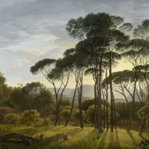 Klasik yağlı boya tablo tarzında, uzun çam ağaçları ve pastoral doğa manzaralı, gün batımı ışıklı özel ölçü dijital baskı duvar kağıdı.