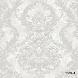Krem ve gri tonlarında, dantel görünümlü klasik Rococo tarzı antik taç yaprağı ve damask motifleri sunan çok renkli lüks duvar kağıdı tasarımı.